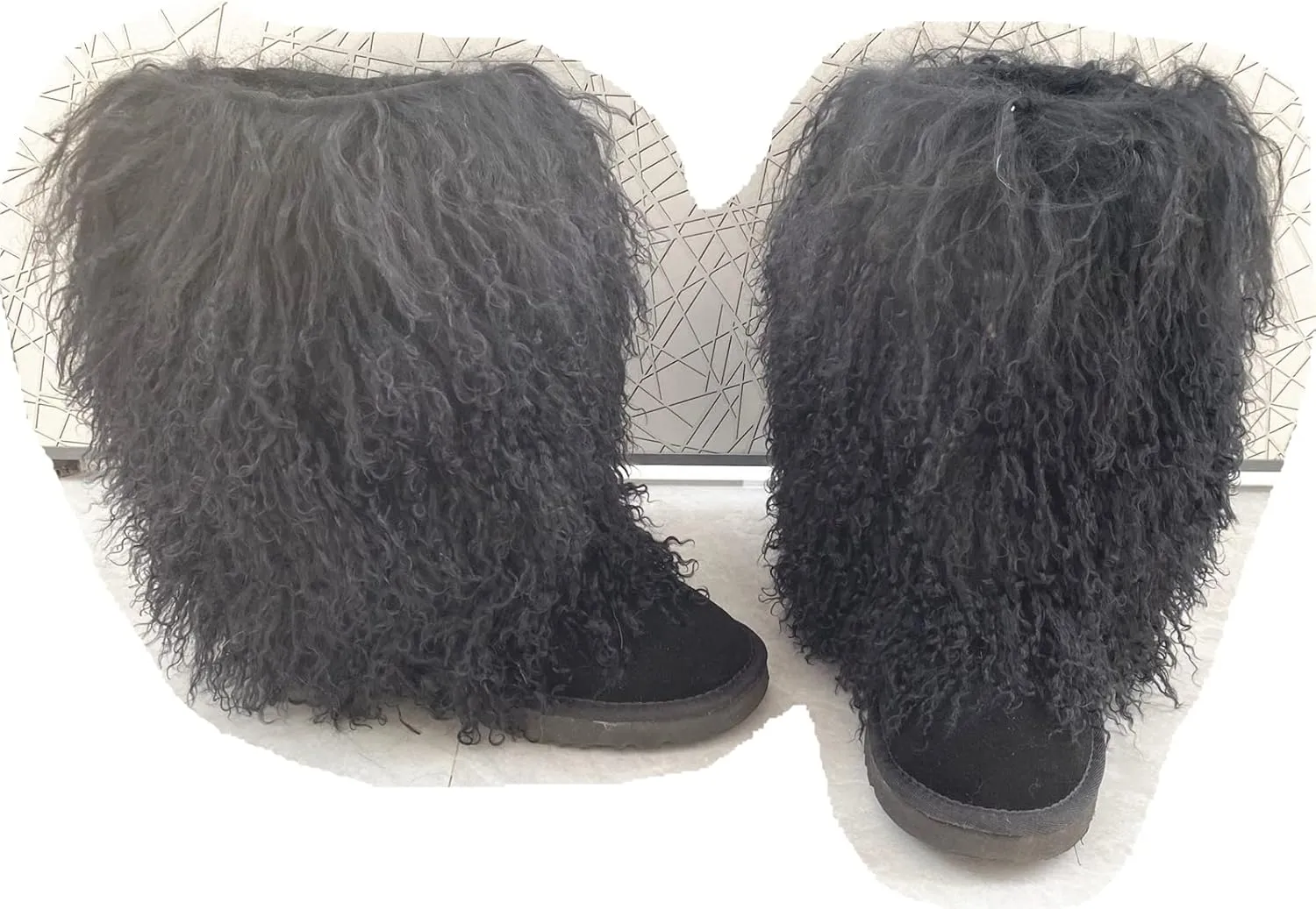 MSBT Women Mongolian Fur Boots with Real Tibetan Fluffy Furry Sheep Curly Skin Snow Boot for Luxury Ladies Winter Warm Outdoor Wear Girls Soft Linning Black White Color Tall High Boots