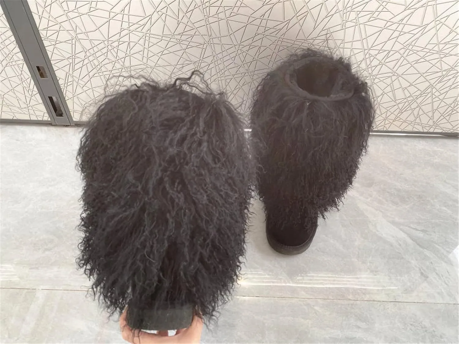 MSBT Women Mongolian Fur Boots with Real Tibetan Fluffy Furry Sheep Curly Skin Snow Boot for Luxury Ladies Winter Warm Outdoor Wear Girls Soft Linning Black White Color Tall High Boots