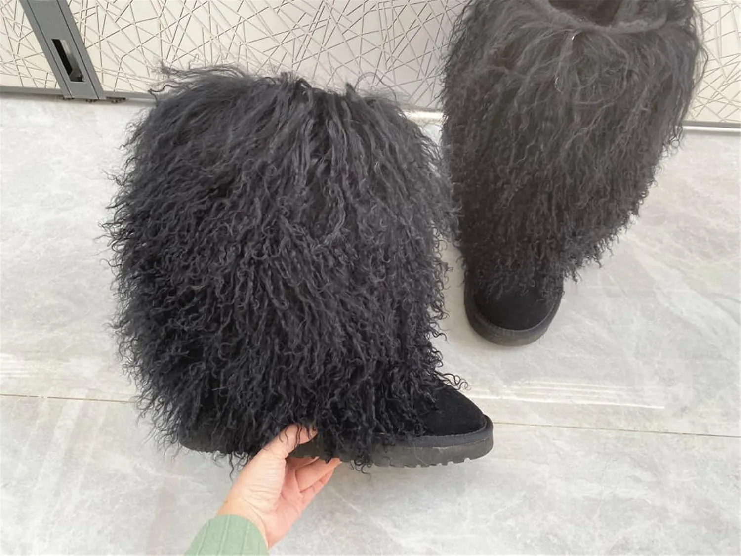 MSBT Women Mongolian Fur Boots with Real Tibetan Fluffy Furry Sheep Curly Skin Snow Boot for Luxury Ladies Winter Warm Outdoor Wear Girls Soft Linning Black White Color Tall High Boots