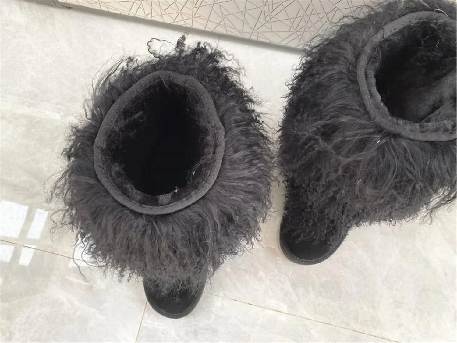 MSBT Women Mongolian Fur Boots with Real Tibetan Fluffy Furry Sheep Curly Skin Snow Boot for Luxury Ladies Winter Warm Outdoor Wear Girls Soft Linning Black White Color Tall High Boots