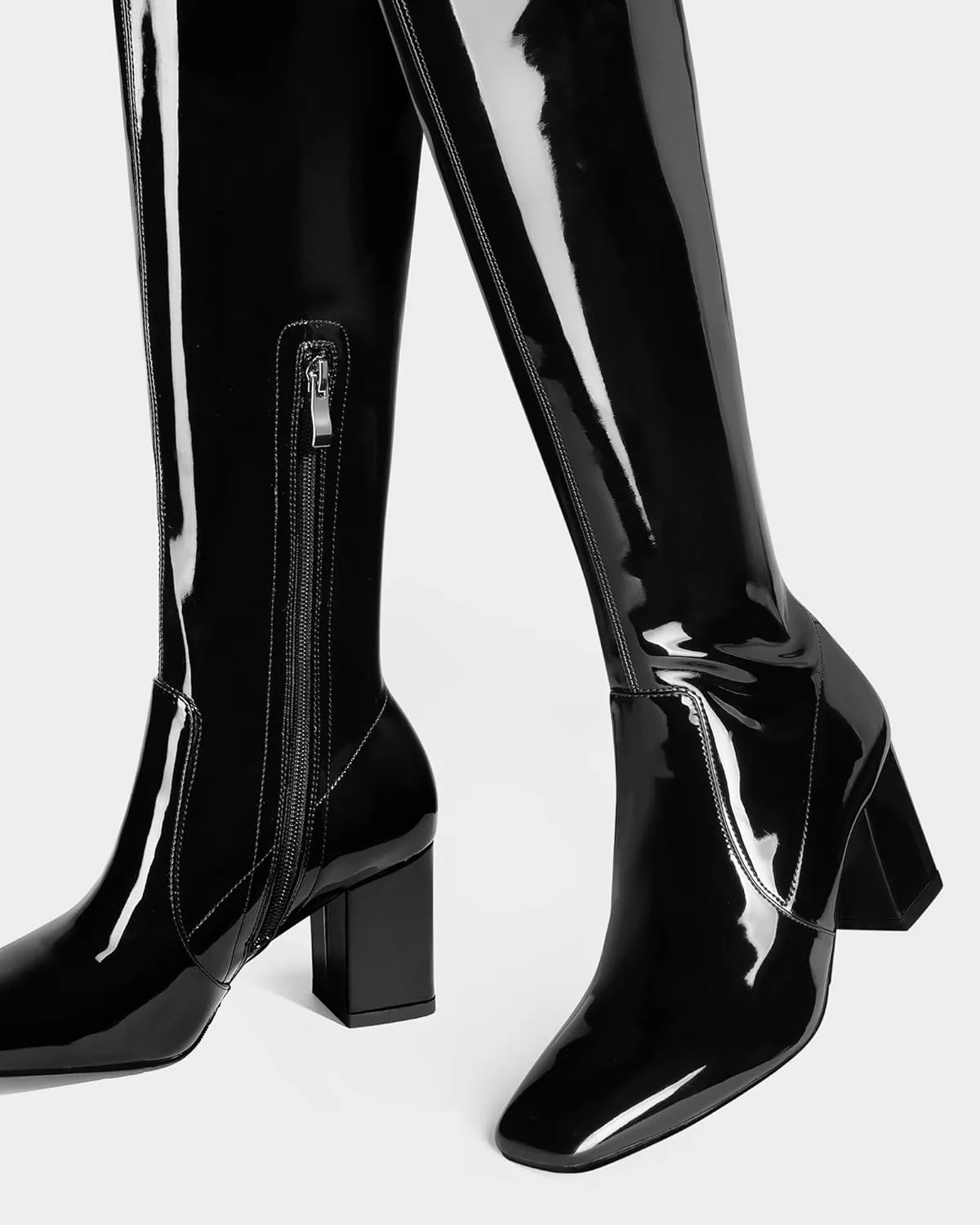 MUCCCUTE Thigh High Boots for Women Over the Knee Boots Gogo Boots Square Toe Chunky Heel Patent Leather Sexy Long Boots with Side Zipper