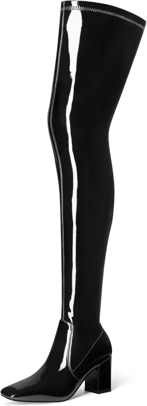 MUCCCUTE Thigh High Boots for Women Over the Knee Boots Gogo Boots Square Toe Chunky Heel Patent Leather Sexy Long Boots with Side Zipper