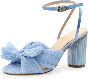 MUCCCUTE Women's Bow Knot Heeled Sandals Ankle Buckle Strap Chunky Heeled Open-toe Comfortable Wedding Party Fashion Heeled