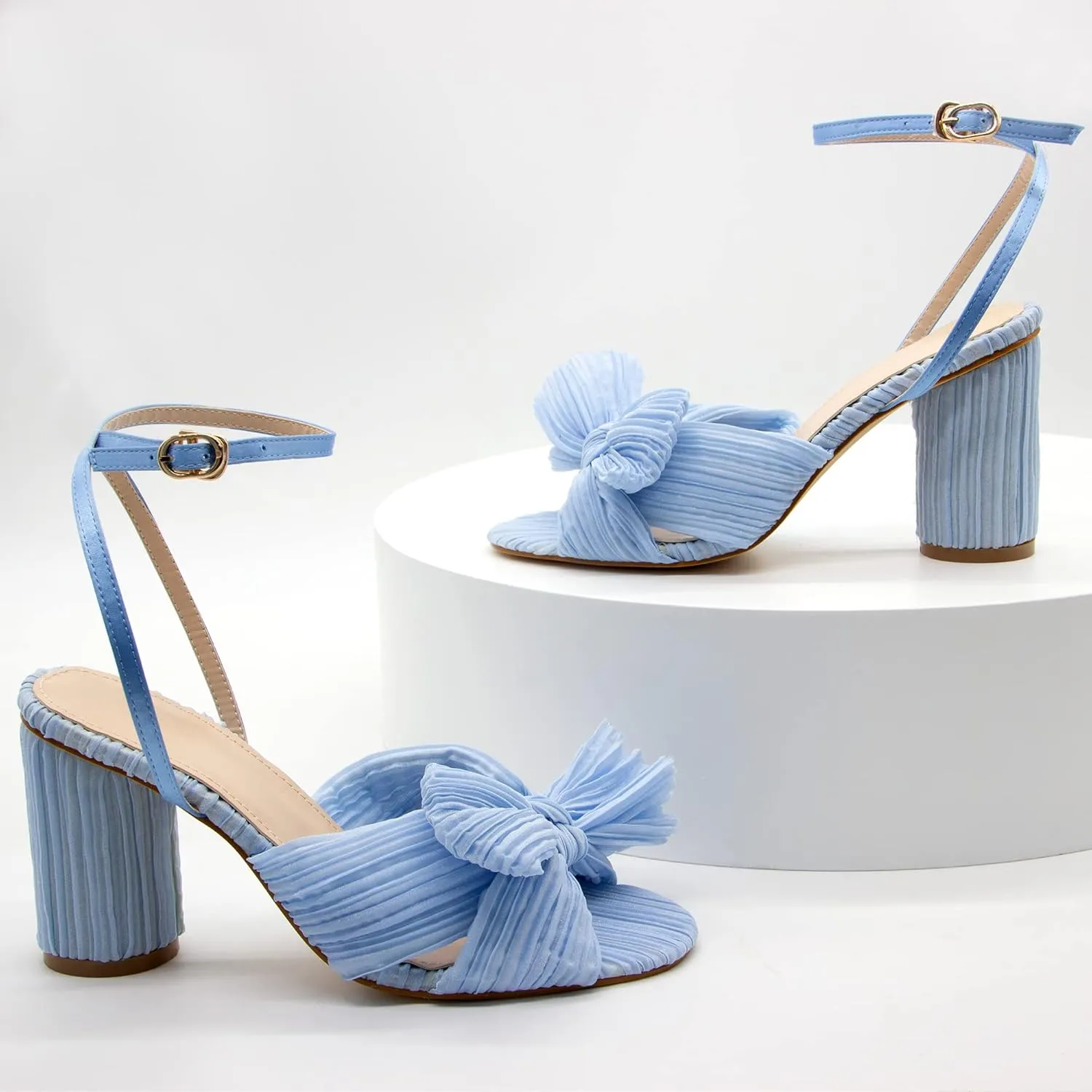MUCCCUTE Women's Bow Knot Heeled Sandals Ankle Buckle Strap Chunky Heeled Open-toe Comfortable Wedding Party Fashion Heeled