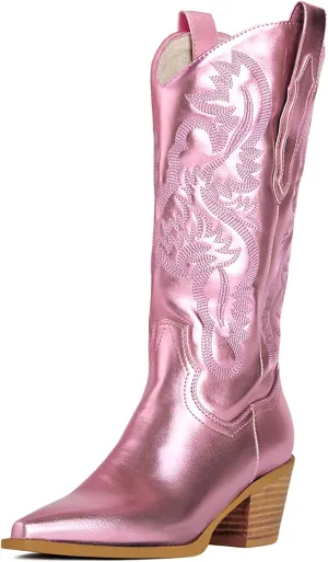 MUCCCUTE Women's Cowgirl Boots Embroidered Cowboy Boots Chunky Block Heel Western Boots Vintage Wide-calf Boots