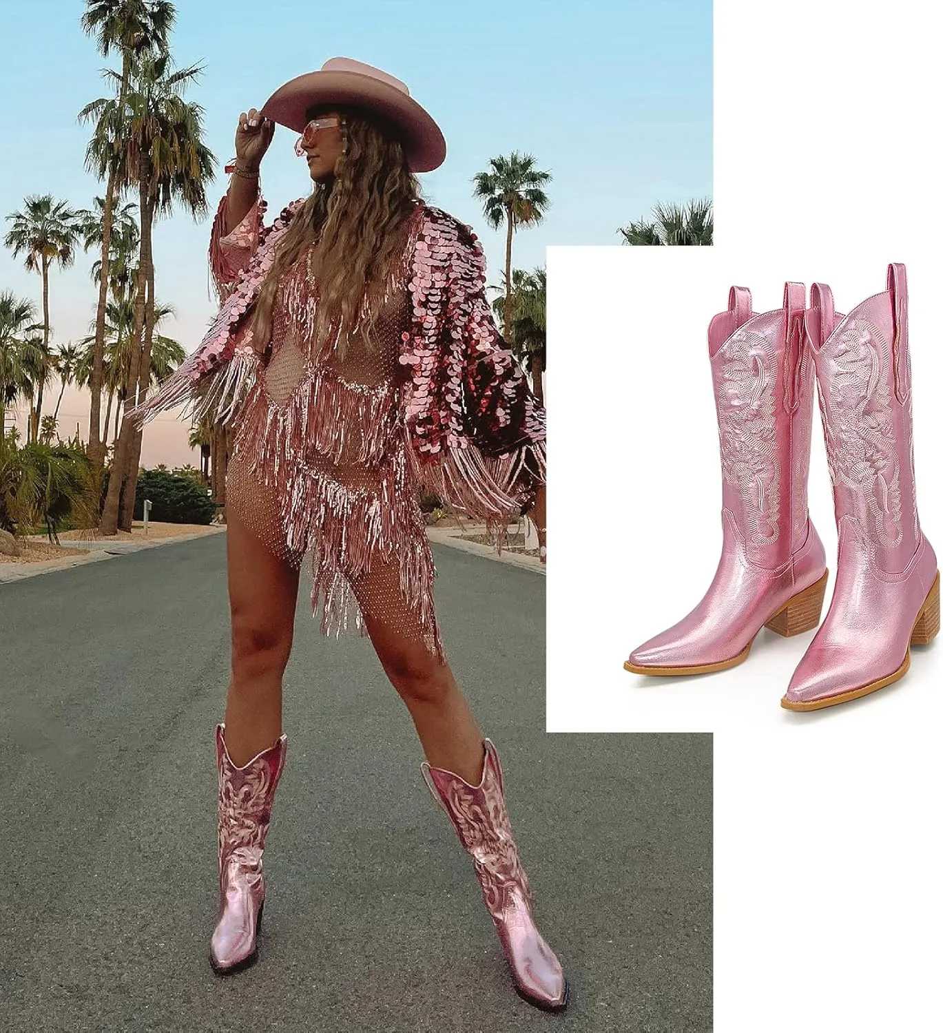 MUCCCUTE Women's Cowgirl Boots Embroidered Cowboy Boots Chunky Block Heel Western Boots Vintage Wide-calf Boots
