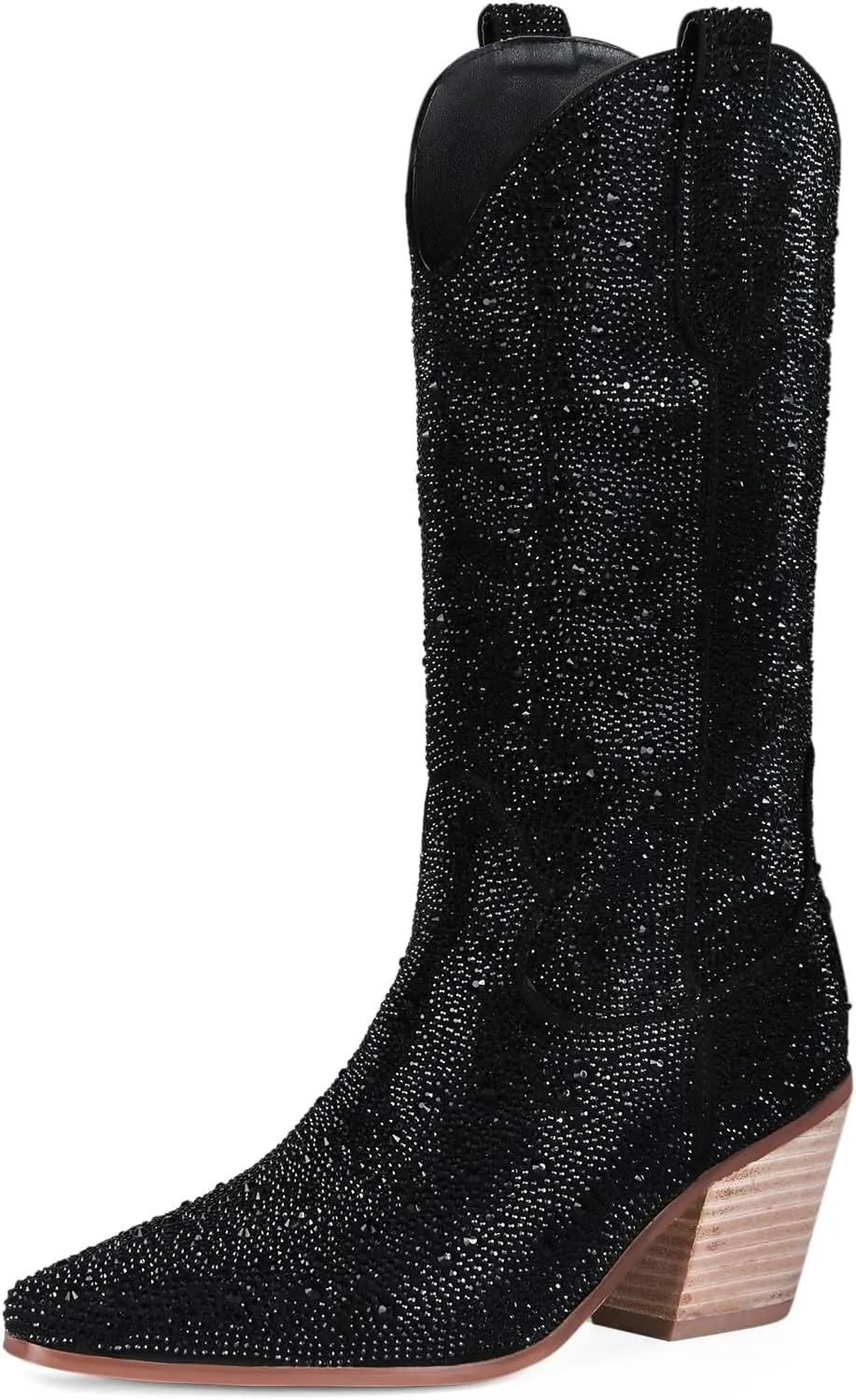 MUCCCUTE Women's Rhinestone Cowboy Boots Pointed Toe Block 5cm Heel Knee High Boots Wide Calf Wedding Party Boots for Women