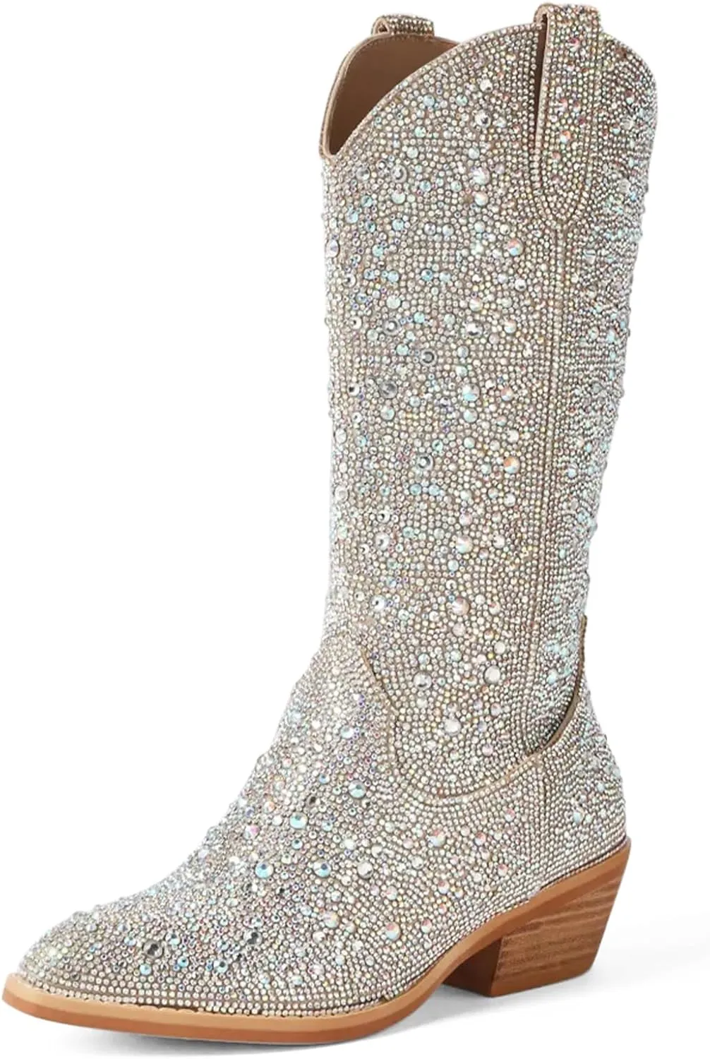 MUCCCUTE Women's Rhinestone Cowboy Boots Pointed Toe Block 5cm Heel Knee High Boots Wide Calf Wedding Party Boots for Women