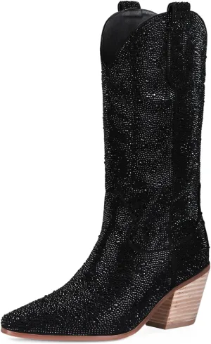 MUCCCUTE Women's Rhinestone Cowboy Boots Pointed Toe Block 5cm Heel Knee High Boots Wide Calf Wedding Party Boots for Women