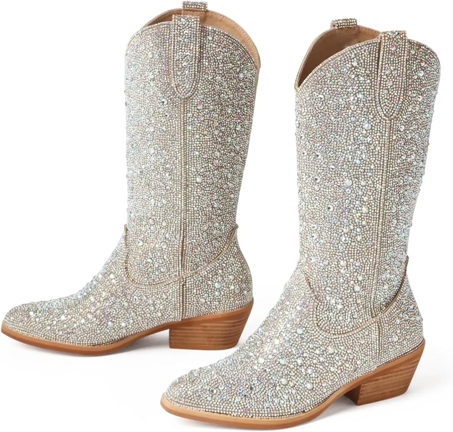 MUCCCUTE Women's Rhinestone Cowboy Boots Pointed Toe Block 5cm Heel Knee High Boots Wide Calf Wedding Party Boots for Women