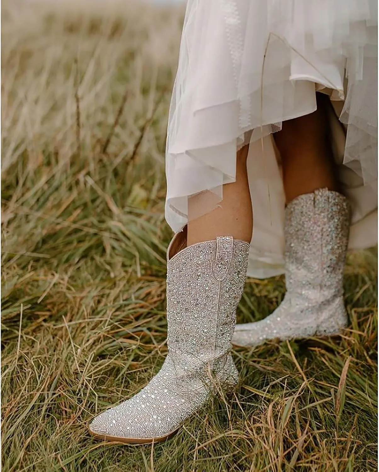 MUCCCUTE Women's Rhinestone Cowboy Boots Pointed Toe Block 5cm Heel Knee High Boots Wide Calf Wedding Party Boots for Women