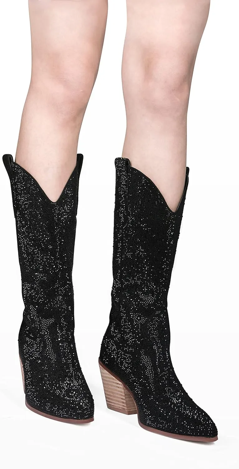MUCCCUTE Women's Rhinestone Cowboy Boots Pointed Toe Block 5cm Heel Knee High Boots Wide Calf Wedding Party Boots for Women
