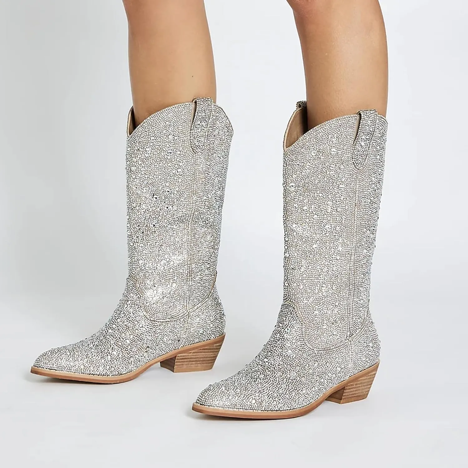 MUCCCUTE Women's Rhinestone Cowboy Boots Pointed Toe Block 5cm Heel Knee High Boots Wide Calf Wedding Party Boots for Women
