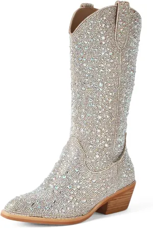 MUCCCUTE Women's Rhinestone Cowboy Boots Pointed Toe Block 5cm Heel Knee High Boots Wide Calf Wedding Party Boots for Women