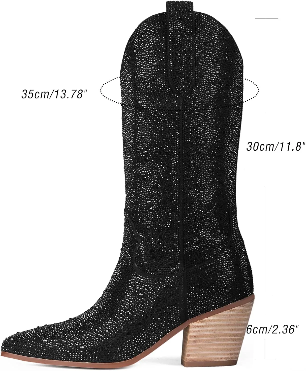 MUCCCUTE Women's Rhinestone Cowboy Boots Pointed Toe Block 5cm Heel Knee High Boots Wide Calf Wedding Party Boots for Women