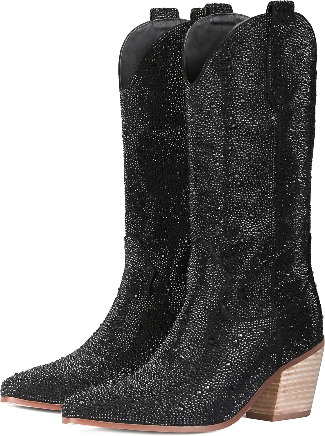 MUCCCUTE Women's Rhinestone Cowboy Boots Pointed Toe Block 5cm Heel Knee High Boots Wide Calf Wedding Party Boots for Women