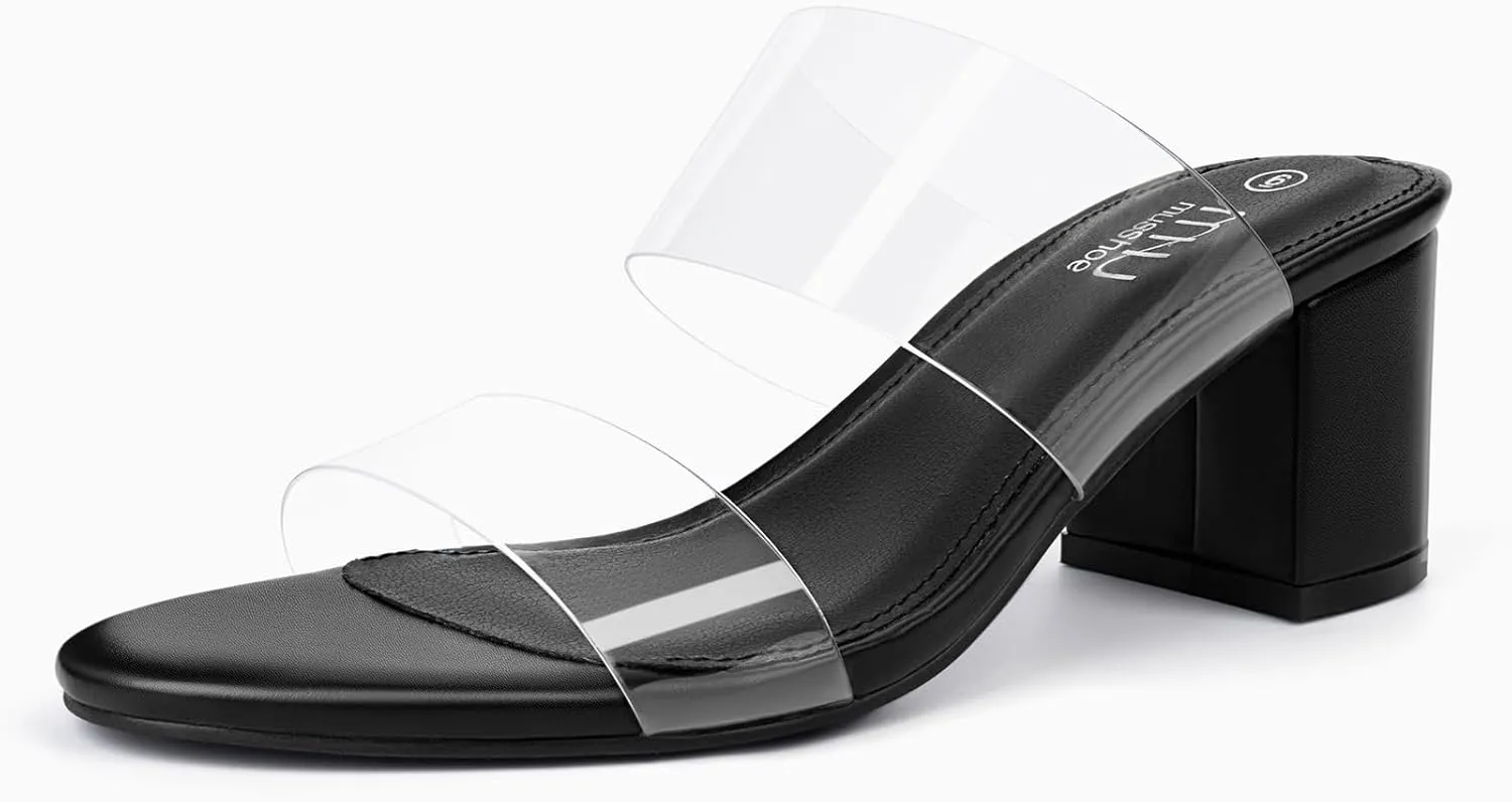 MUSSHOE Clear Sandals for Women,Two Clear Strap Women Heels Sandals,Open Toe Low Block Chunky Dress Sandals Pumps Shoes