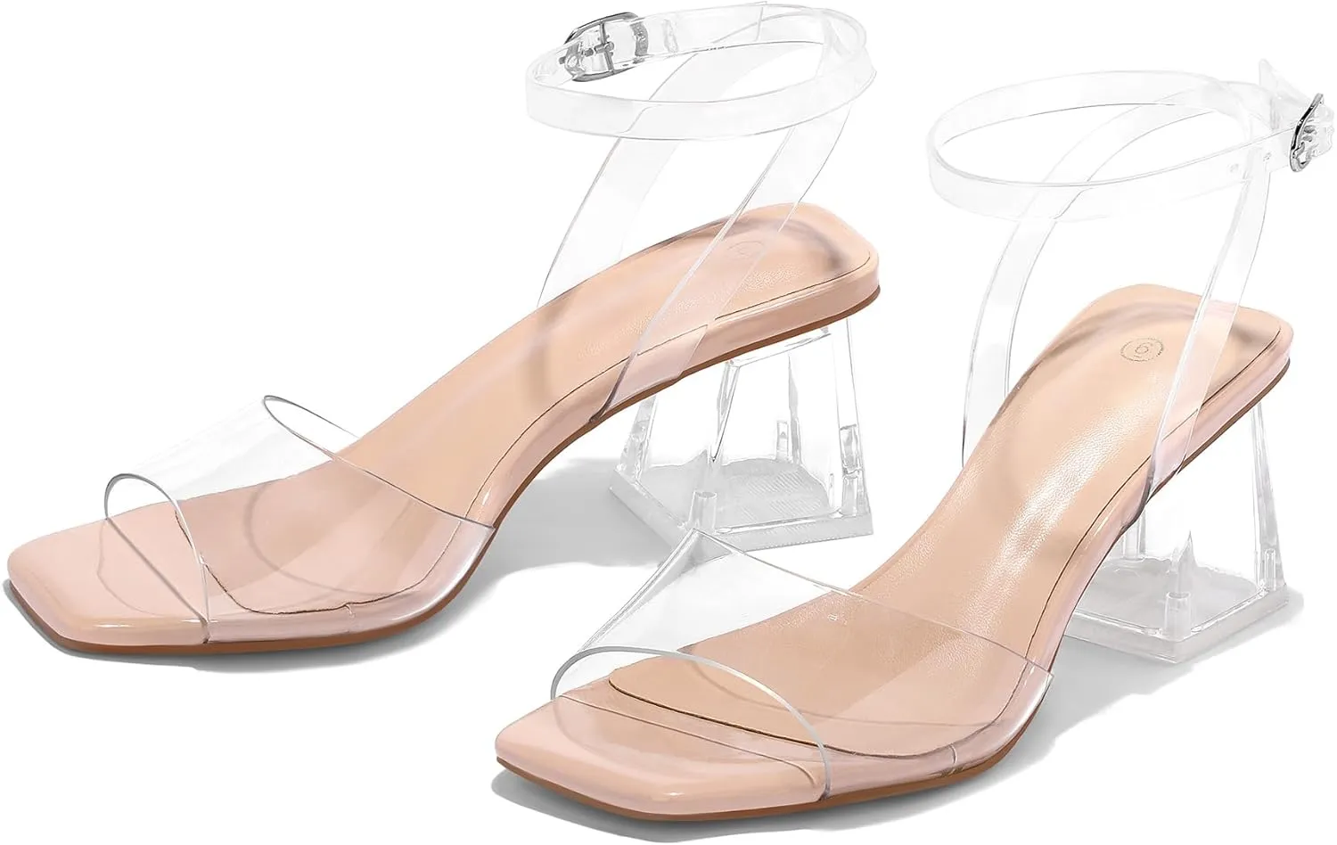 mysoft Women's Clear Heels Low Chunky Heel Open Toe Transparent Zebra Rhinestones Block Heeled Sandals Ankle Strap Shoes