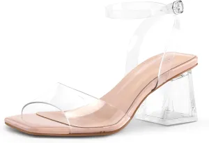 mysoft Women's Clear Heels Low Chunky Heel Open Toe Transparent Zebra Rhinestones Block Heeled Sandals Ankle Strap Shoes