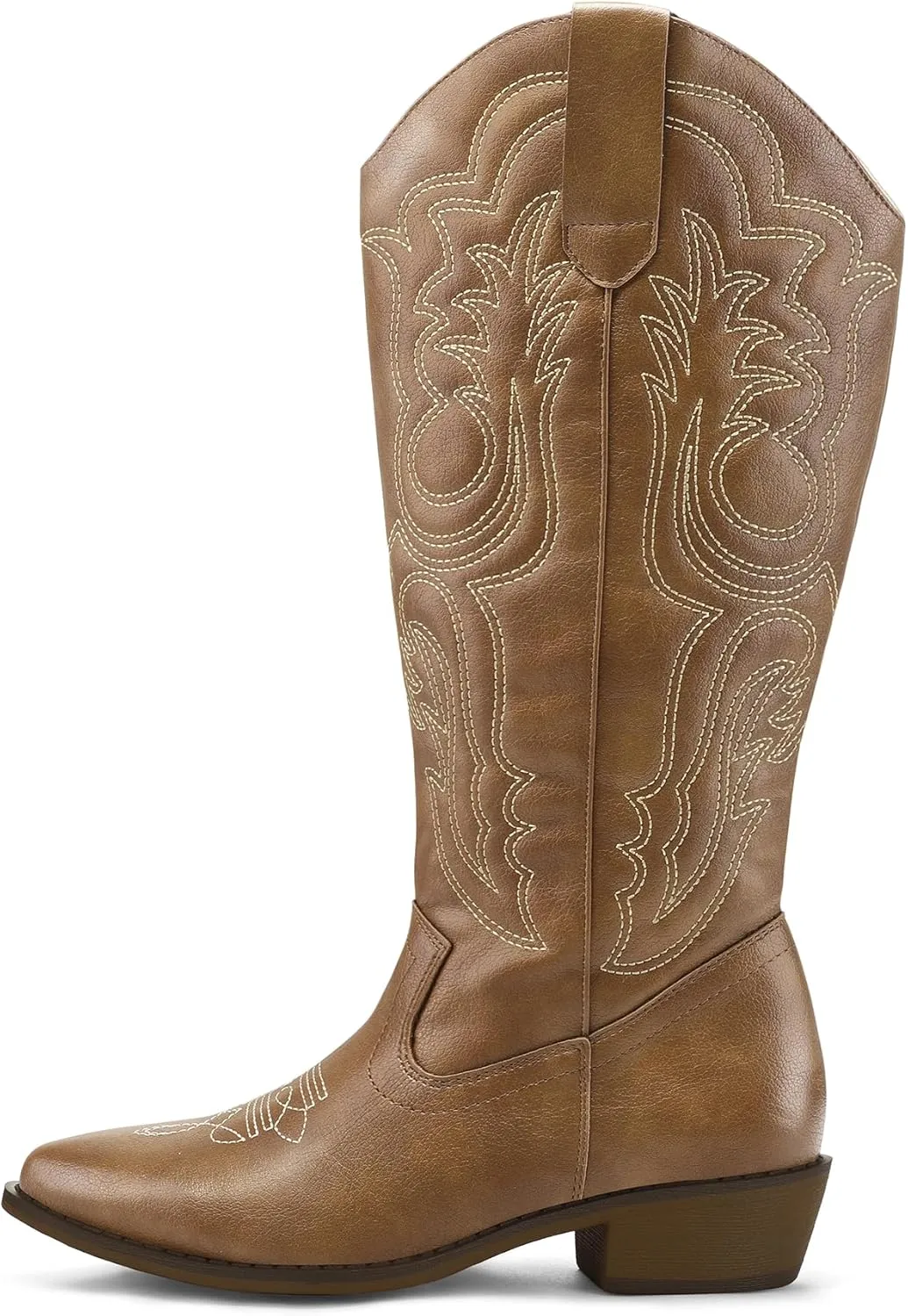 mysoft Women's Wide Calf Cowboy Boots Pull on Cowgirl Embroidered Mid Calf Pointed Toe Chunky Heel Western Boots