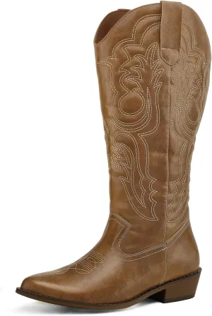 mysoft Women's Wide Calf Cowboy Boots Pull on Cowgirl Embroidered Mid Calf Pointed Toe Chunky Heel Western Boots