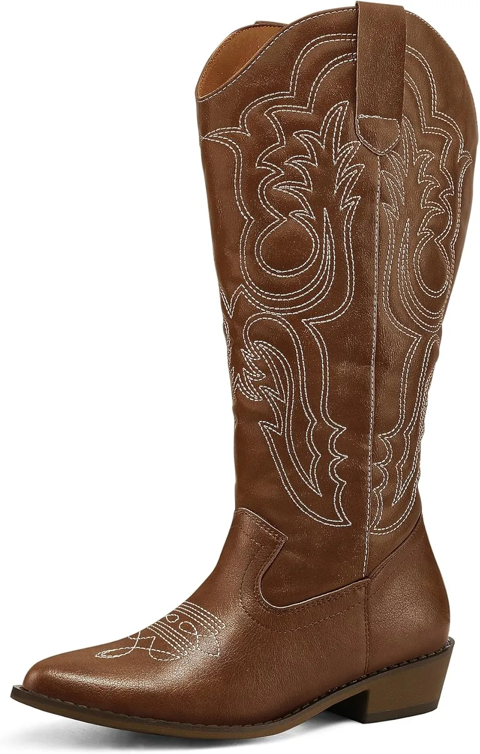 mysoft Women's Wide Calf Cowboy Boots Pull on Cowgirl Embroidered Mid Calf Pointed Toe Chunky Heel Western Boots