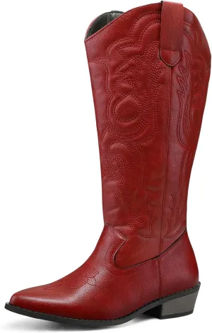 mysoft Women's Wide Calf Cowboy Boots Pull on Cowgirl Embroidered Mid Calf Pointed Toe Chunky Heel Western Boots
