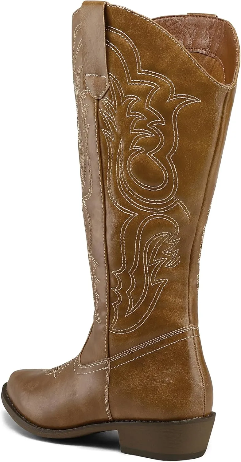 mysoft Women's Wide Calf Cowboy Boots Pull on Cowgirl Embroidered Mid Calf Pointed Toe Chunky Heel Western Boots