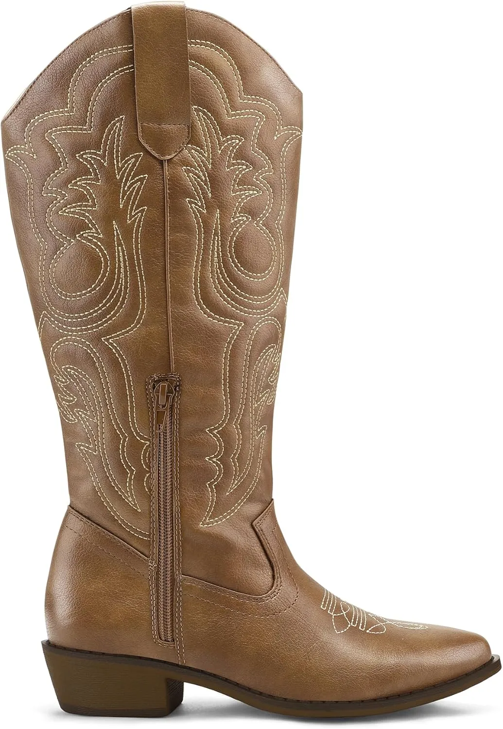 mysoft Women's Wide Calf Cowboy Boots Pull on Cowgirl Embroidered Mid Calf Pointed Toe Chunky Heel Western Boots