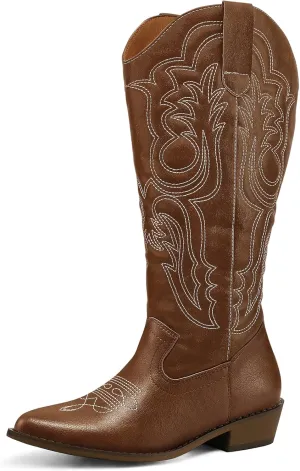 mysoft Women's Wide Calf Cowboy Boots Pull on Cowgirl Embroidered Mid Calf Pointed Toe Chunky Heel Western Boots