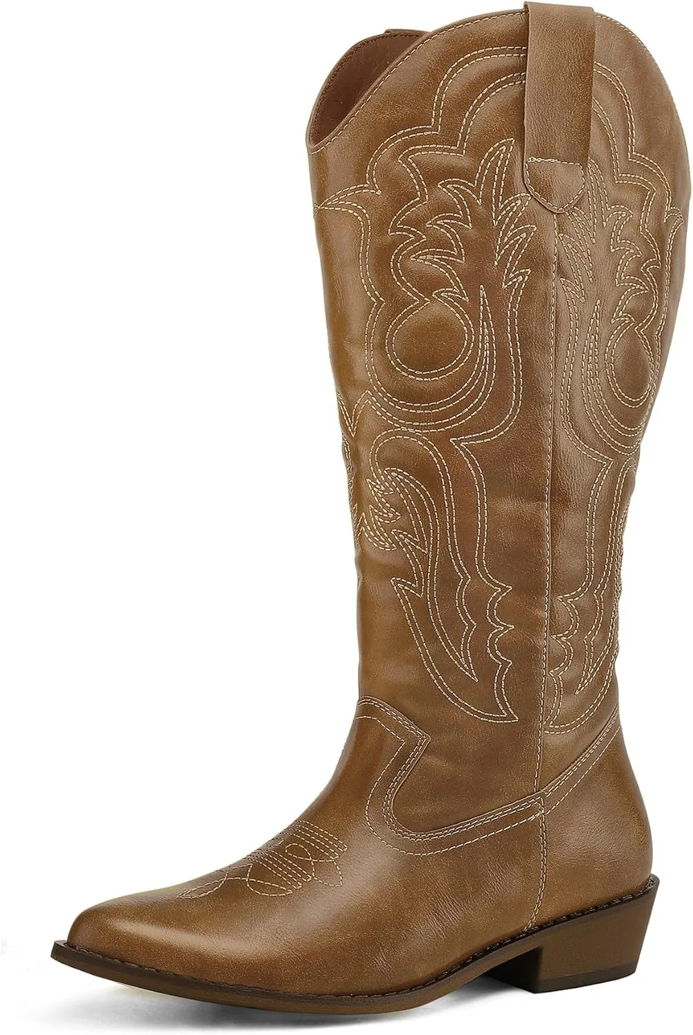 mysoft Women's Wide Calf Cowboy Boots Pull on Cowgirl Embroidered Mid Calf Pointed Toe Chunky Heel Western Boots