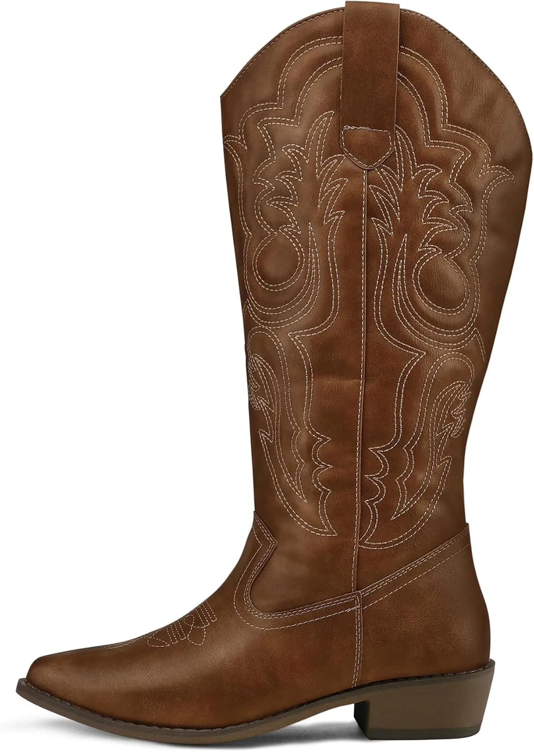 mysoft Women's Wide Calf Cowboy Boots Pull on Cowgirl Embroidered Mid Calf Pointed Toe Chunky Heel Western Boots