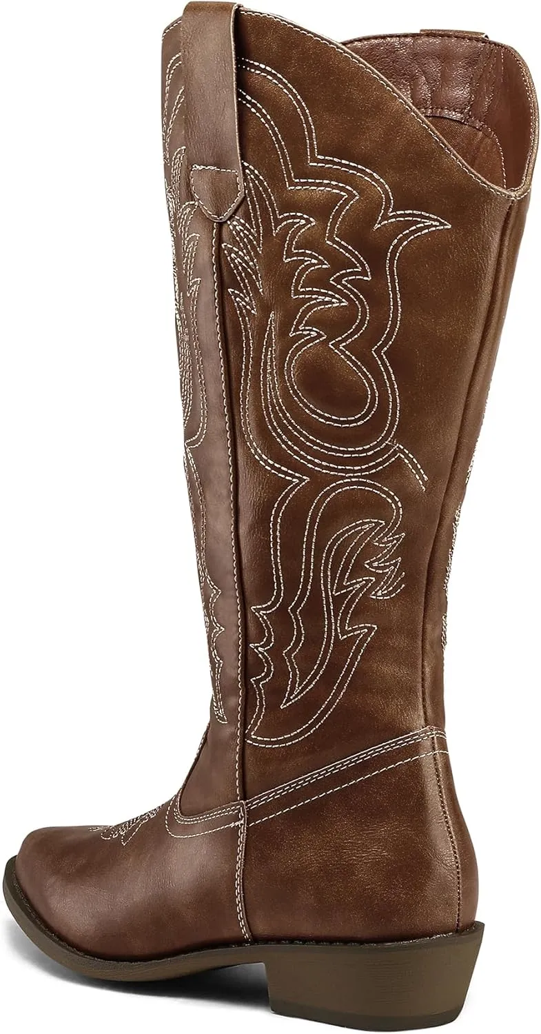 mysoft Women's Wide Calf Cowboy Boots Pull on Cowgirl Embroidered Mid Calf Pointed Toe Chunky Heel Western Boots