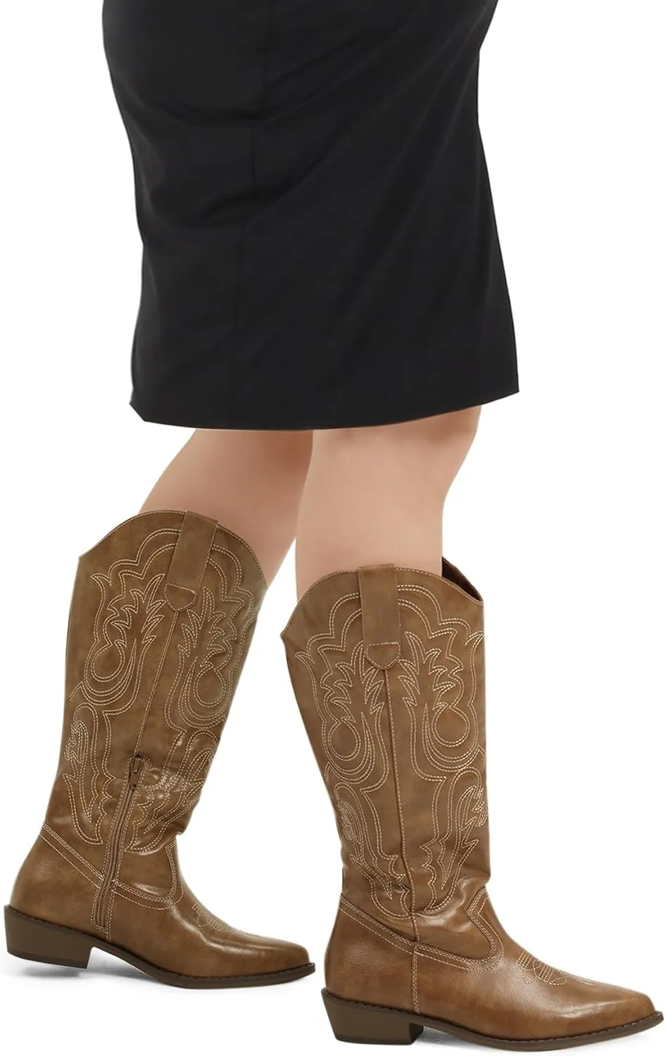 mysoft Women's Wide Calf Cowboy Boots Pull on Cowgirl Embroidered Mid Calf Pointed Toe Chunky Heel Western Boots