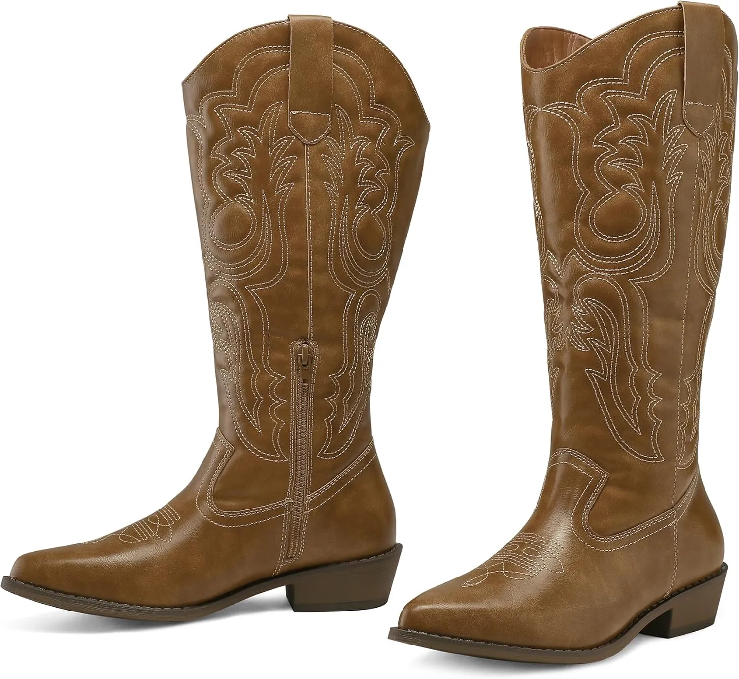 mysoft Women's Wide Calf Cowboy Boots Pull on Cowgirl Embroidered Mid Calf Pointed Toe Chunky Heel Western Boots