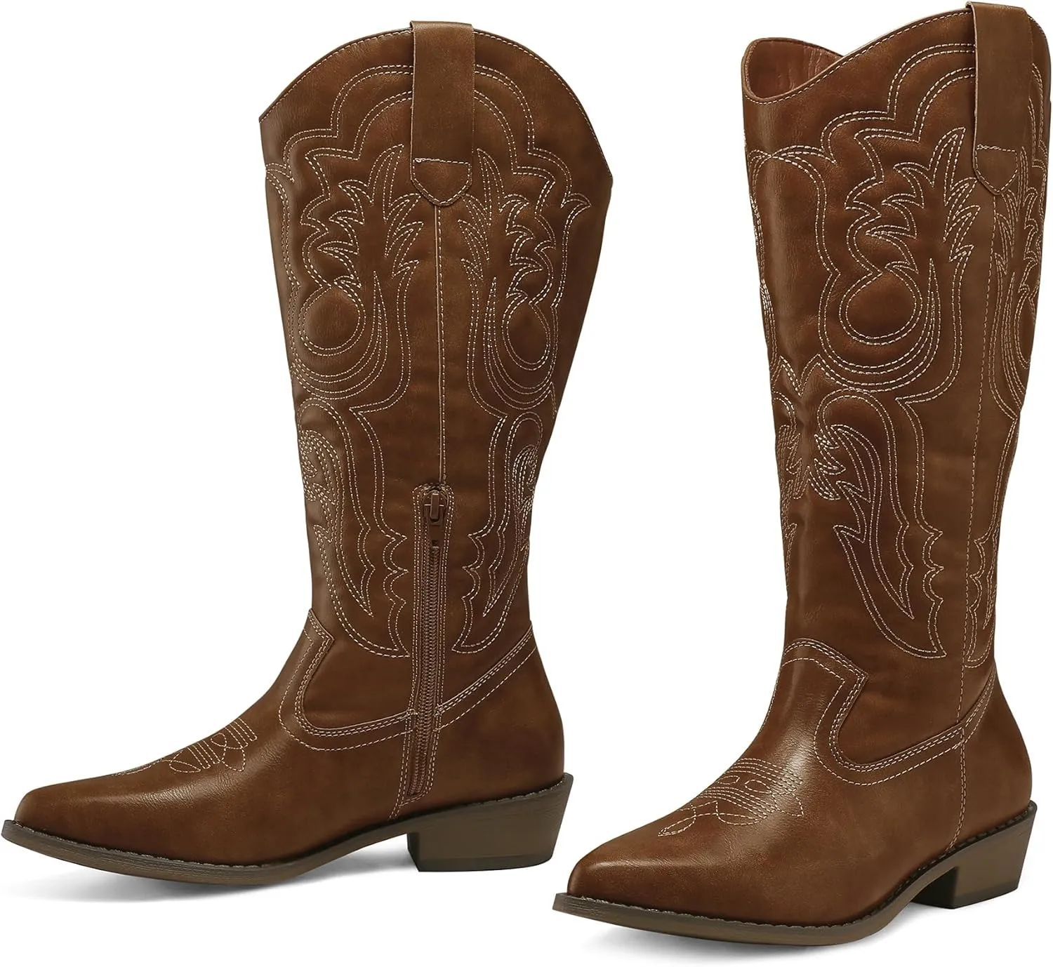 mysoft Women's Wide Calf Cowboy Boots Pull on Cowgirl Embroidered Mid Calf Pointed Toe Chunky Heel Western Boots