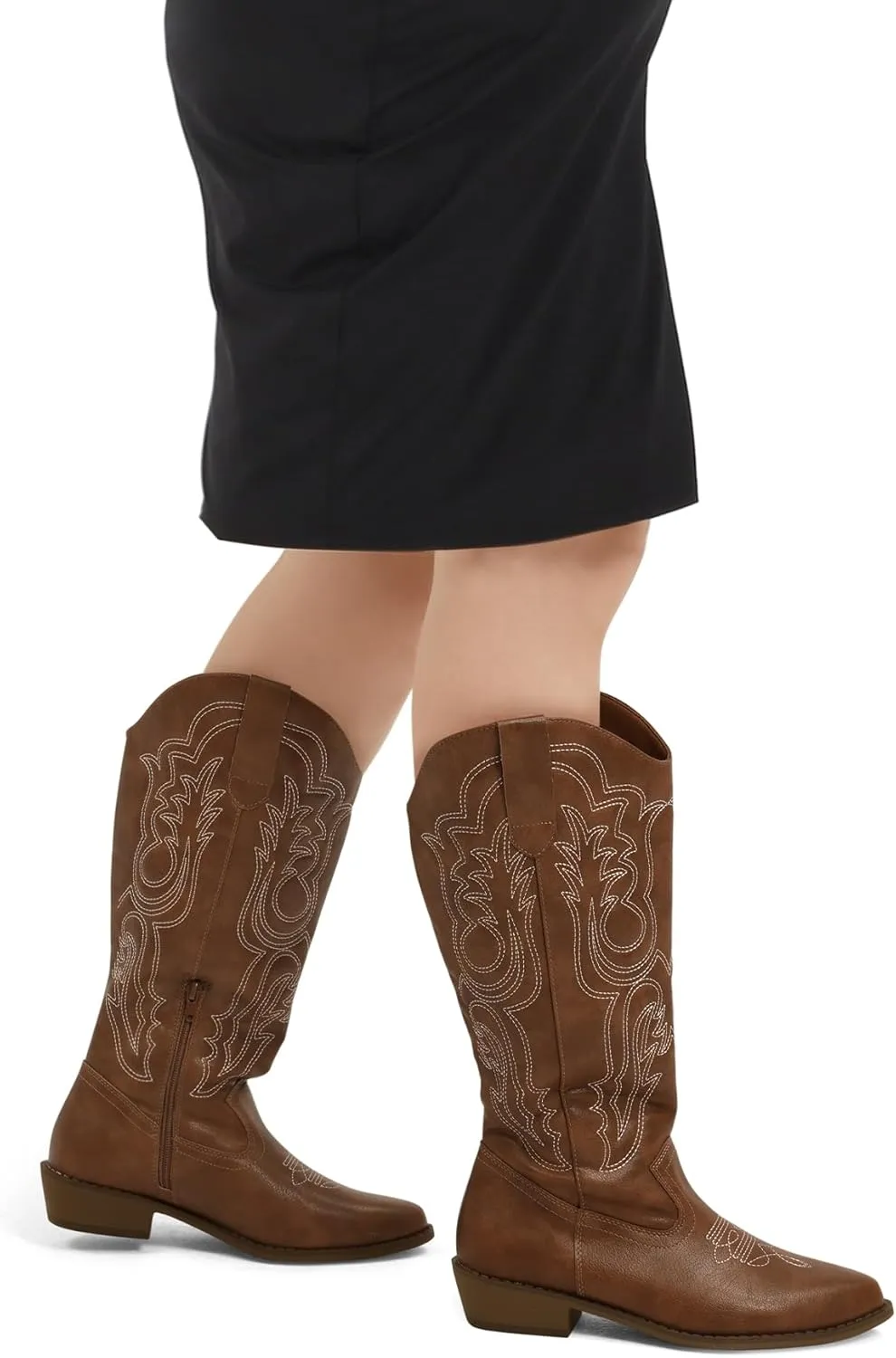 mysoft Women's Wide Calf Cowboy Boots Pull on Cowgirl Embroidered Mid Calf Pointed Toe Chunky Heel Western Boots