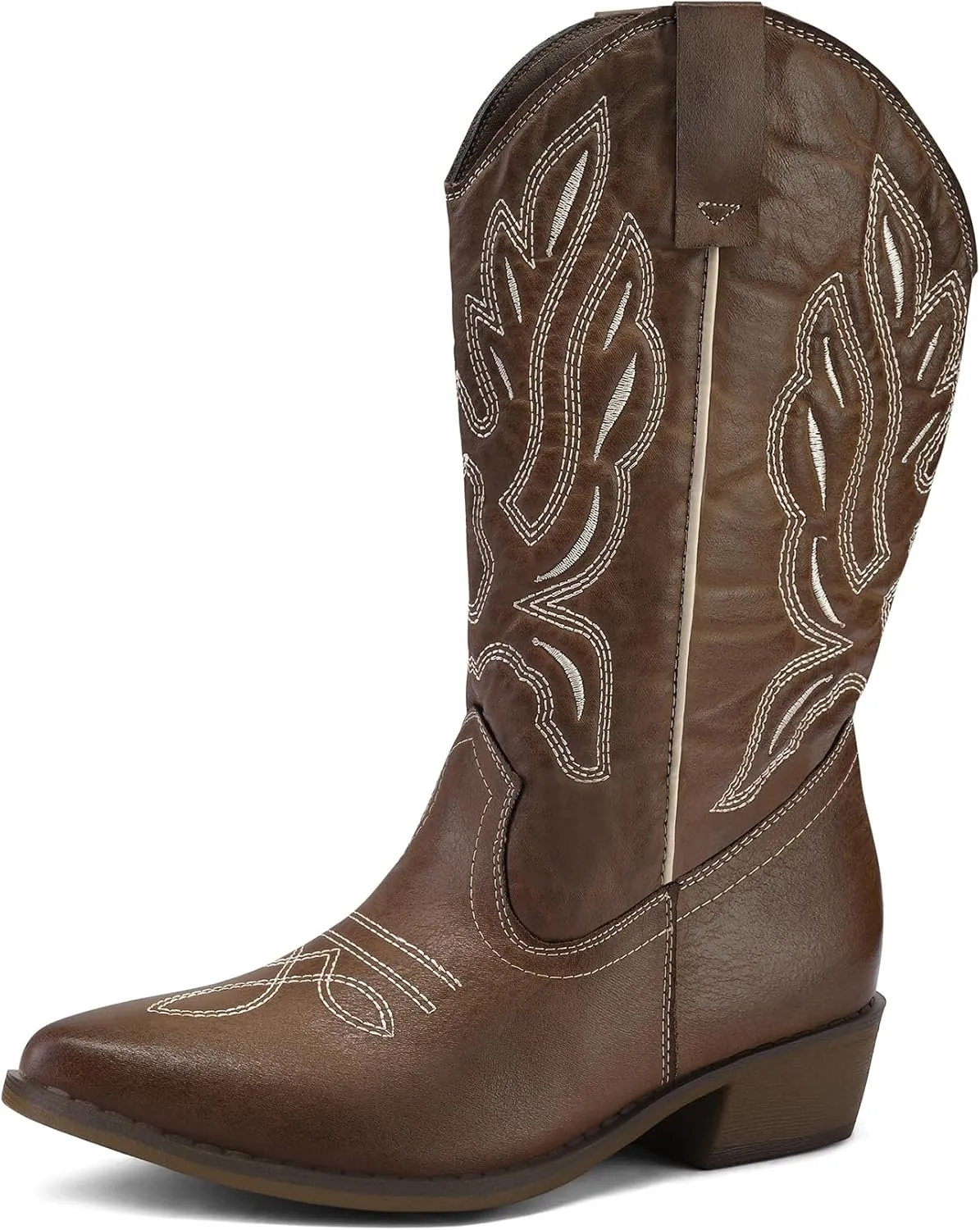 mysoft Women's Wide Calf Cowboy Boots Pull-On Mid-Calf Embroidered Pointed Toe Retro Western Boots
