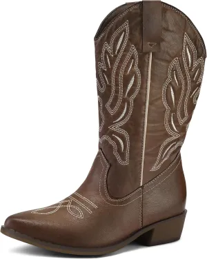 mysoft Women's Wide Calf Cowboy Boots Pull-On Mid-Calf Embroidered Pointed Toe Retro Western Boots