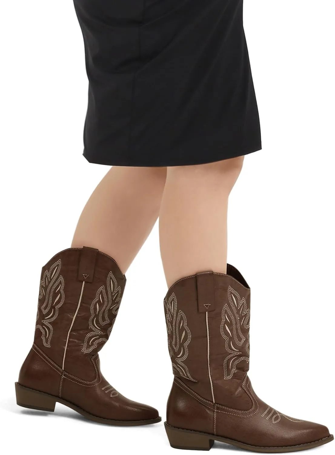 mysoft Women's Wide Calf Cowboy Boots Pull-On Mid-Calf Embroidered Pointed Toe Retro Western Boots