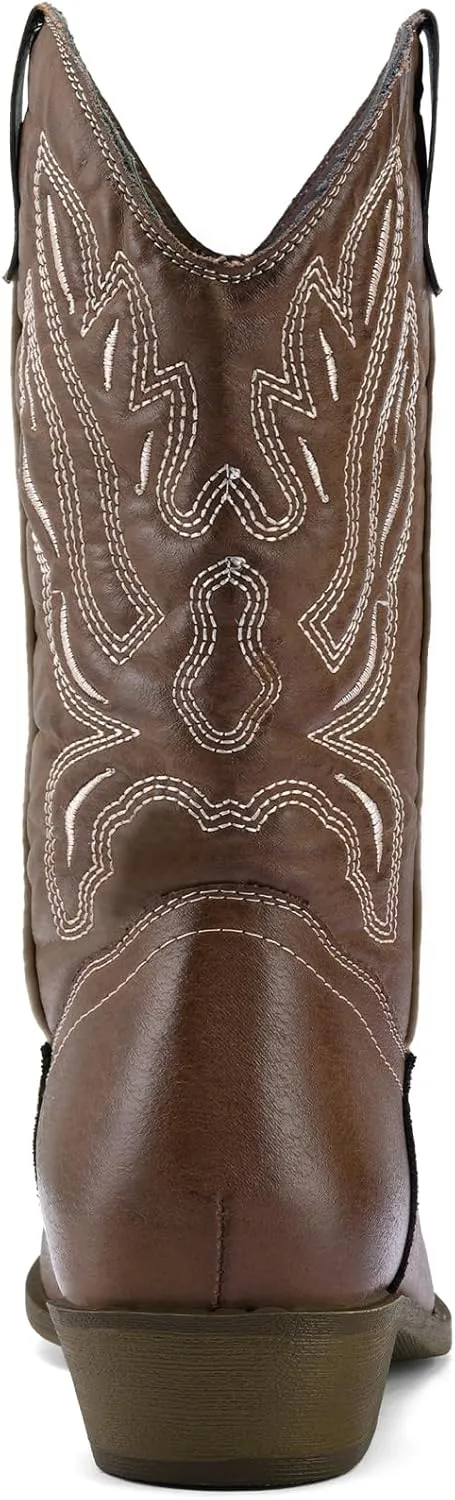 mysoft Women's Wide Calf Cowboy Boots Pull-On Mid-Calf Embroidered Pointed Toe Retro Western Boots