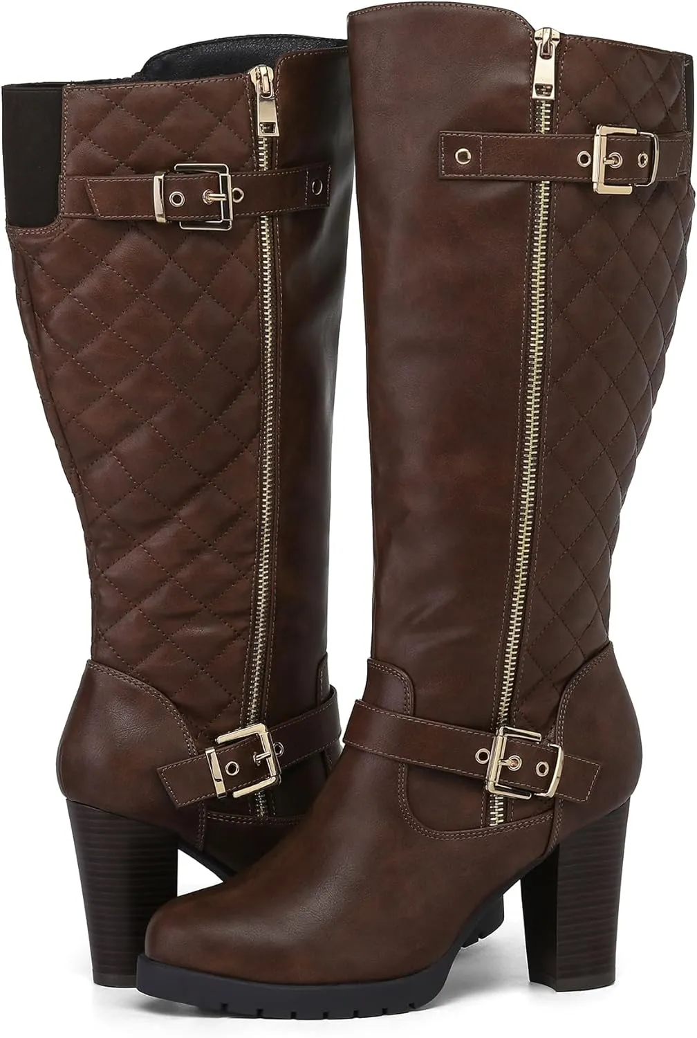 mysoft Women's Wide/Extra Wide Calf Knee High Boots Chunky Block Heel Round Toe Tall Boots Side Zipper