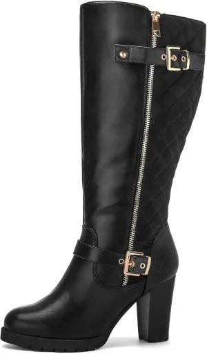 mysoft Women's Wide/Extra Wide Calf Knee High Boots Chunky Block Heel Round Toe Tall Boots Side Zipper