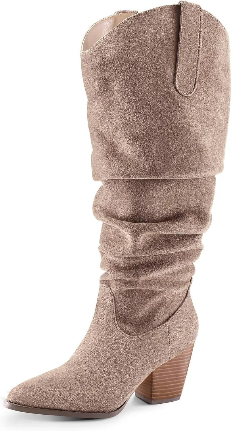 mysoft Women's Wide/Extra Wide Calf Knee High Boots Cowgirl Low Chunky Stacked Heel Wide Width Pointed Toe Slouchy Tall Boots with Zippers