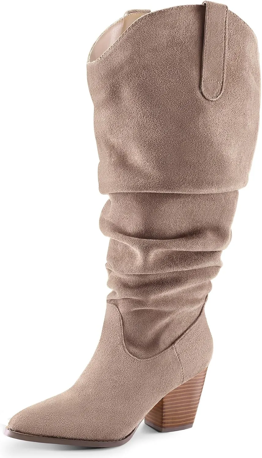 mysoft Women's Wide/Extra Wide Calf Knee High Boots Cowgirl Low Chunky Stacked Heel Wide Width Pointed Toe Slouchy Tall Boots with Zippers