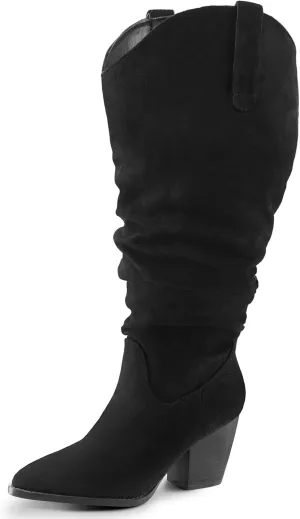 mysoft Women's Wide/Extra Wide Calf Knee High Boots Cowgirl Low Chunky Stacked Heel Wide Width Pointed Toe Slouchy Tall Boots with Zippers