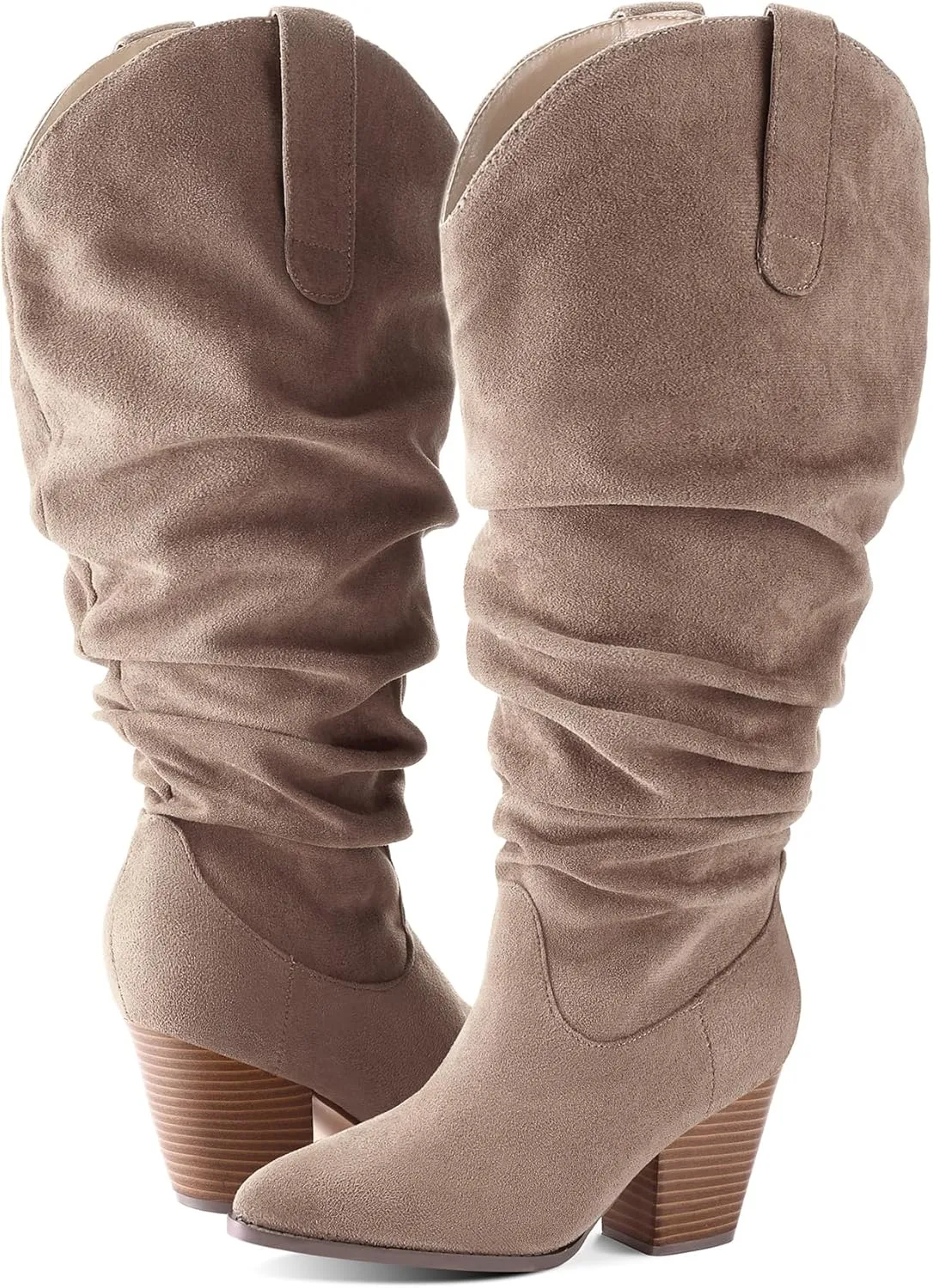 mysoft Women's Wide/Extra Wide Calf Knee High Boots Cowgirl Low Chunky Stacked Heel Wide Width Pointed Toe Slouchy Tall Boots with Zippers