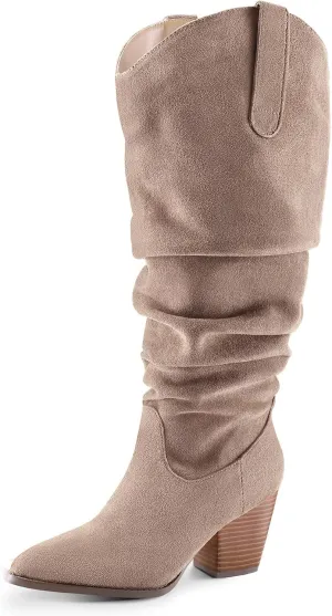 mysoft Women's Wide/Extra Wide Calf Knee High Boots Cowgirl Low Chunky Stacked Heel Wide Width Pointed Toe Slouchy Tall Boots with Zippers