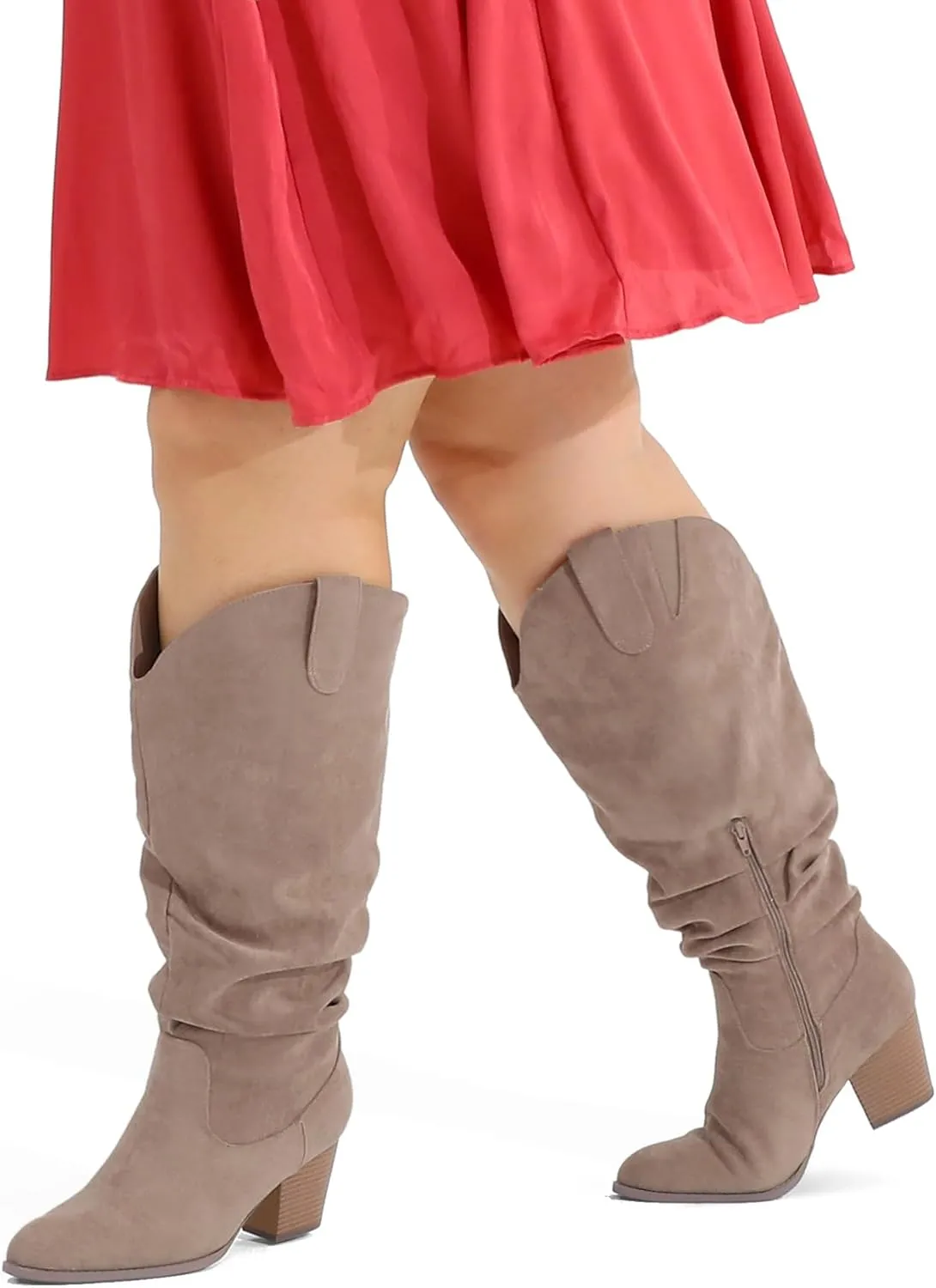 mysoft Women's Wide/Extra Wide Calf Knee High Boots Cowgirl Low Chunky Stacked Heel Wide Width Pointed Toe Slouchy Tall Boots with Zippers