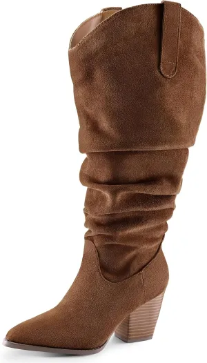 mysoft Women's Wide/Extra Wide Calf Knee High Boots Cowgirl Low Chunky Stacked Heel Wide Width Pointed Toe Slouchy Tall Boots with Zippers